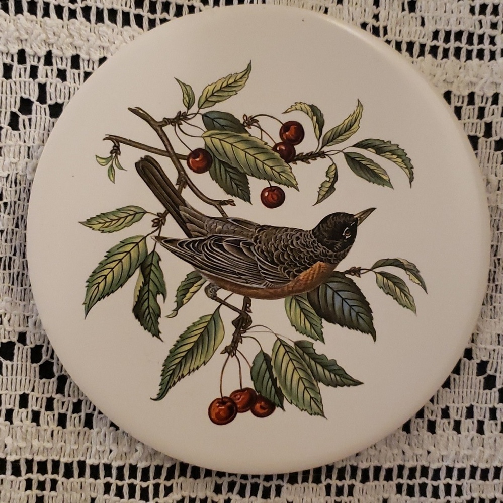 Vintage Hyalyn Trivet Wall Decor Murtlewood Robin Cherry Tree 6" Diameter